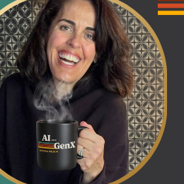 Marisa Wilson, laughing, holding an AI for GenX coffee mug